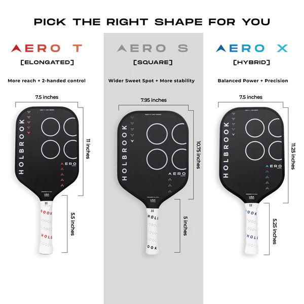 Holbrook Aero pickleball paddles with different shapes and dimensions on a white background