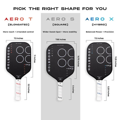 Holbrook Aero pickleball paddles with different shapes and dimensions on a white background
