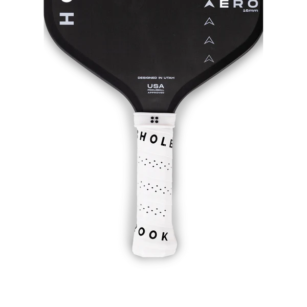 Pickleball paddle with black face and white handle on a white background