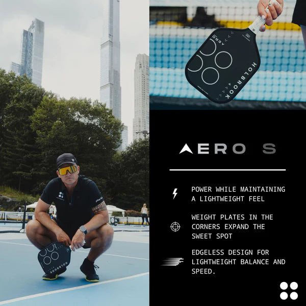Person on a tennis court holding a tennis racket with an inset showing the racket and brand details.