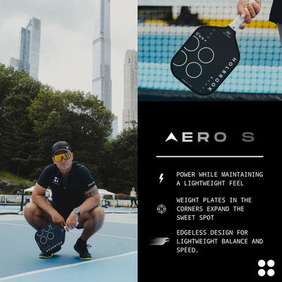 Person on a tennis court holding a tennis racket with an inset showing the racket and brand details.