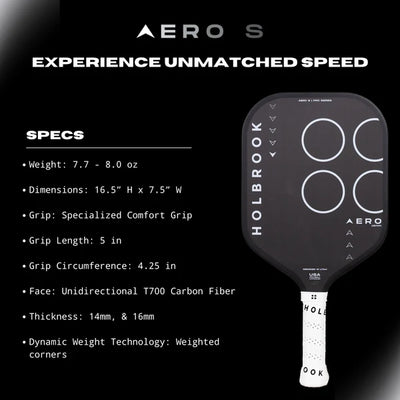 Holbrook Aero S pickleball paddle with specifications on a black background