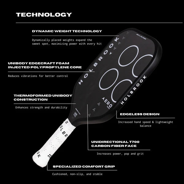 Holbrook pickleball paddle with technical specifications on a black background