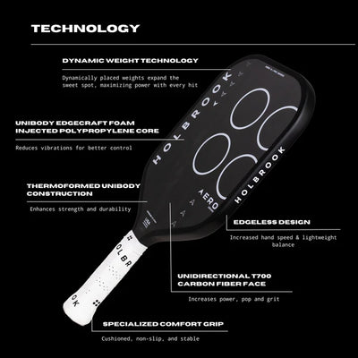 Holbrook pickleball paddle with technical specifications on a black background